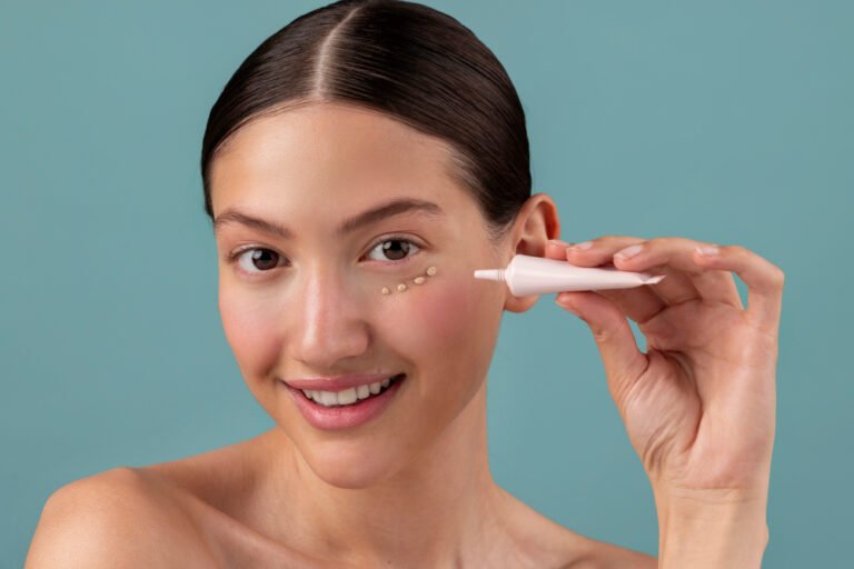 femme souriante utlilisant une creme pour les yeux